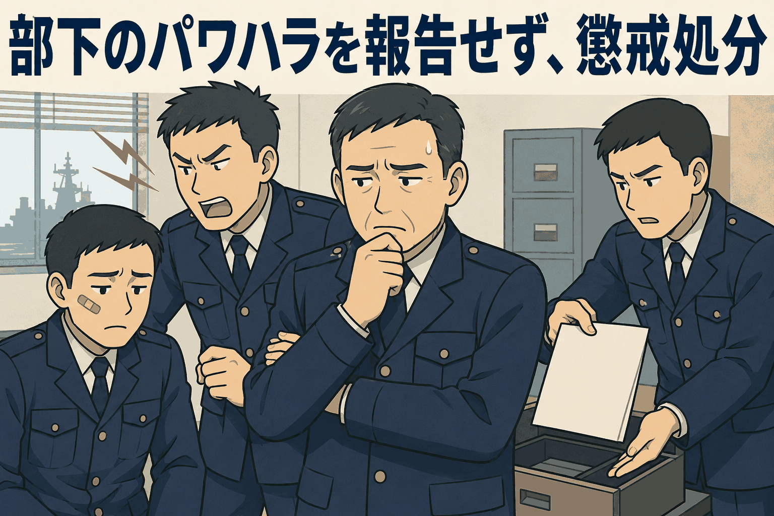海上自衛隊の幹部自衛官が、部下による暴力を伴うパワハラを報告せず、虚偽報告を指示したとして懲戒処分を受けた事案を表すイラスト