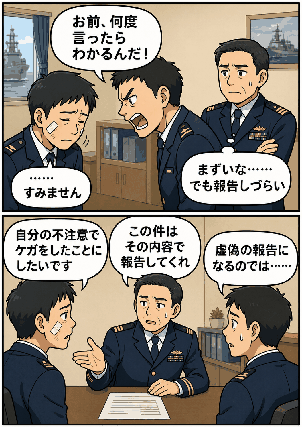 海上自衛隊の幹部自衛官が、部下の暴力を伴うパワハラを把握しながら報告せず、被害隊員のけがについて虚偽報告を指示した事案を描いた漫画風イラスト