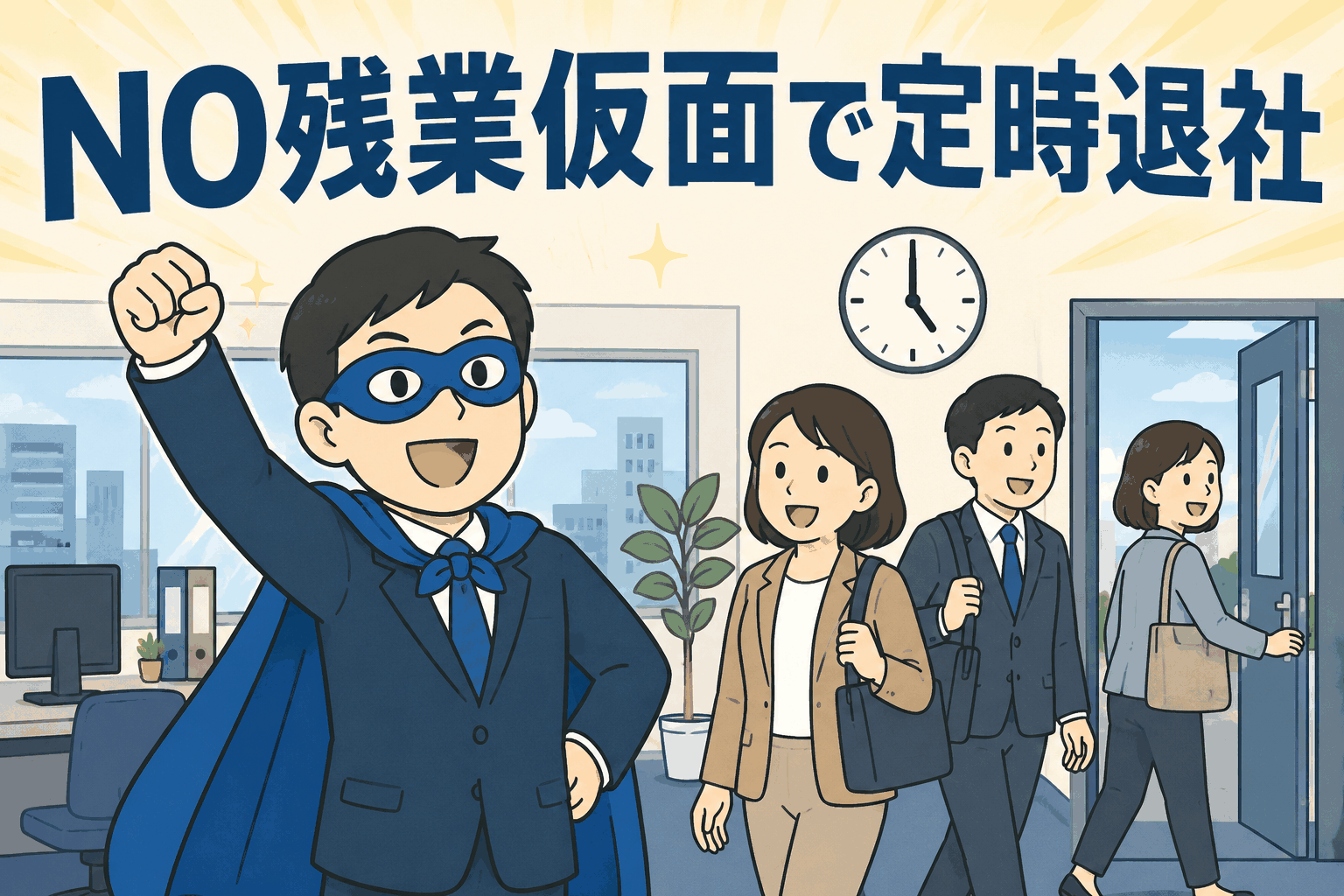 NO残業デイにNO残業仮面が定時退社を呼びかける設計コンサルタント会社の職場イラスト