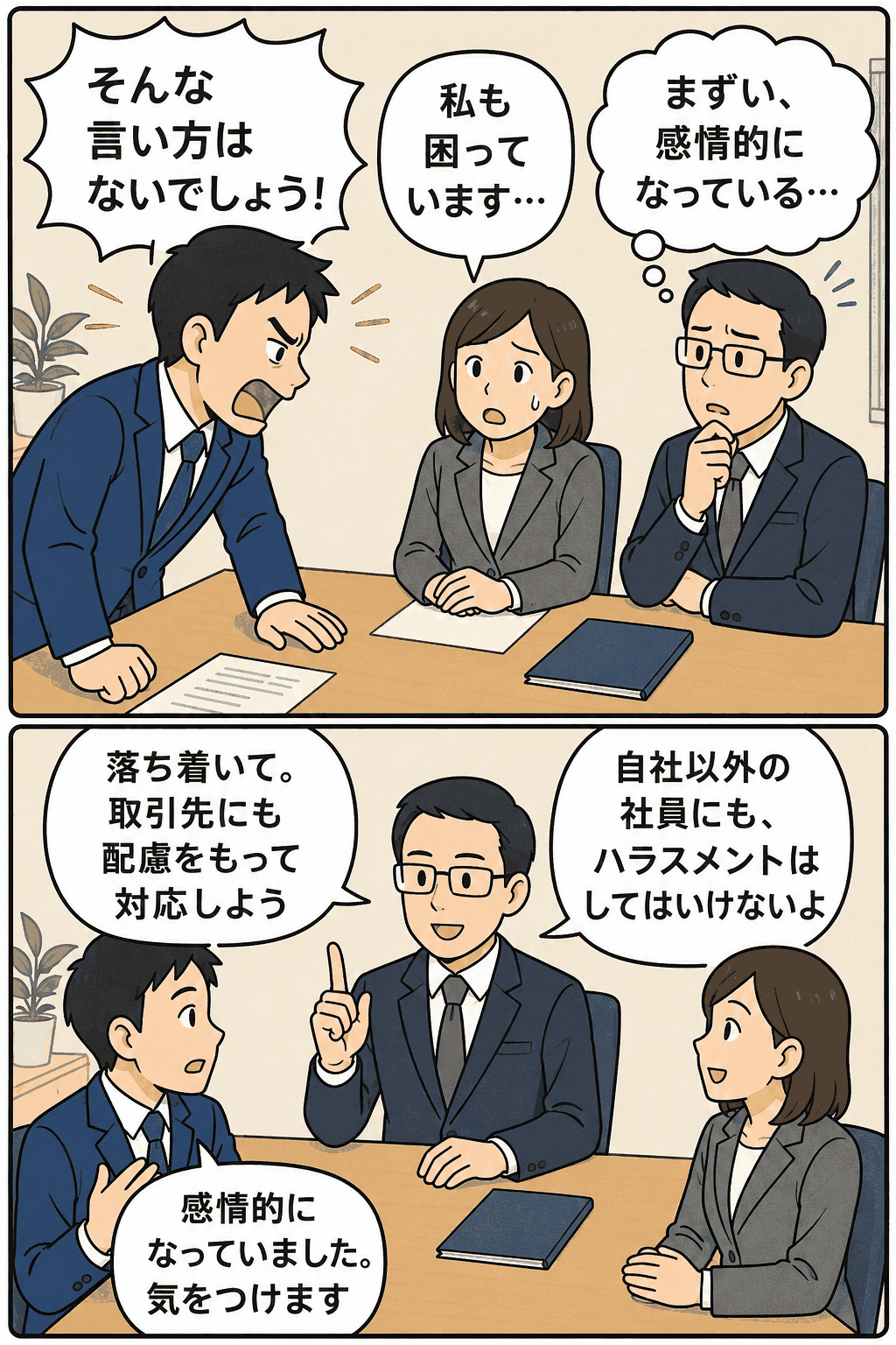 企業の使用者責任とカスハラ防止をテーマに、ビジネスシーンで部下に無理な要求を止める様子と指導する管理職のイラスト