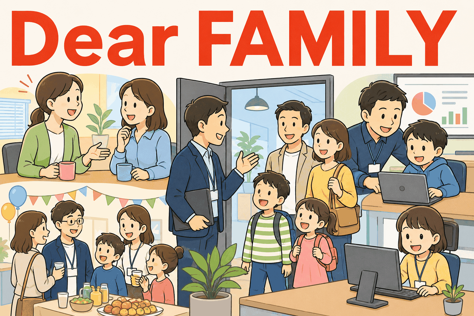 家族と企業のつながりを描いたイラスト。両親、子ども、祖父母が笑顔で揃い、"Dear FAMILY"の文字が背景にある。