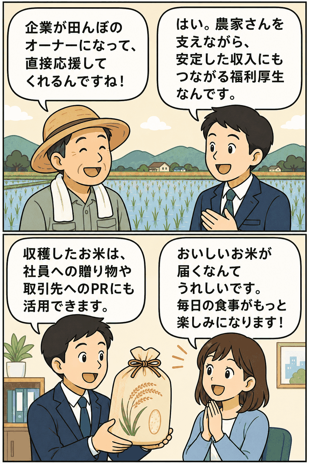 田んぼオーナー制度の紹介イラスト。農家と企業担当者の握手と、笑顔でお米を食べる家族の様子