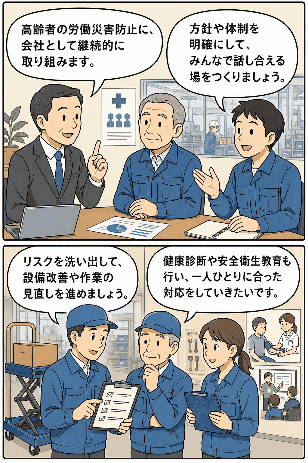 経営トップが高齢者労働災害防止への取り組みを表明し、チームでリスクアセスメントを行う様子のイラスト
