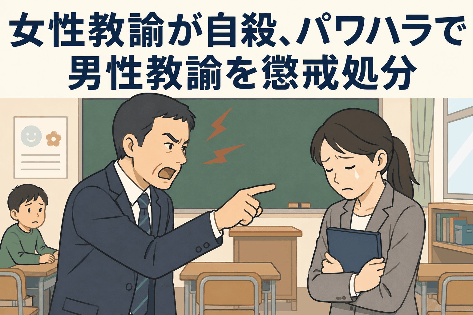 教室で怒鳴る男性教諭と怯える児童たち、悲しそうな表情の女性教諭