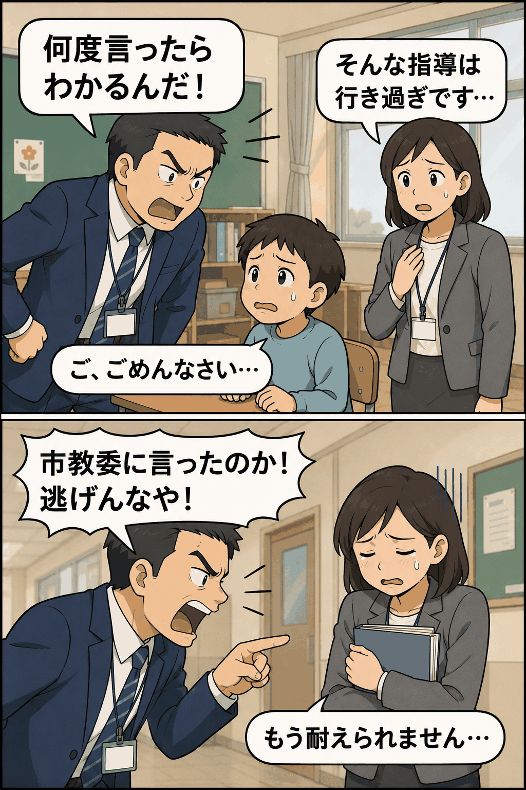 職場で怒鳴られ、精神的に追い詰められている女性教諭のイラスト