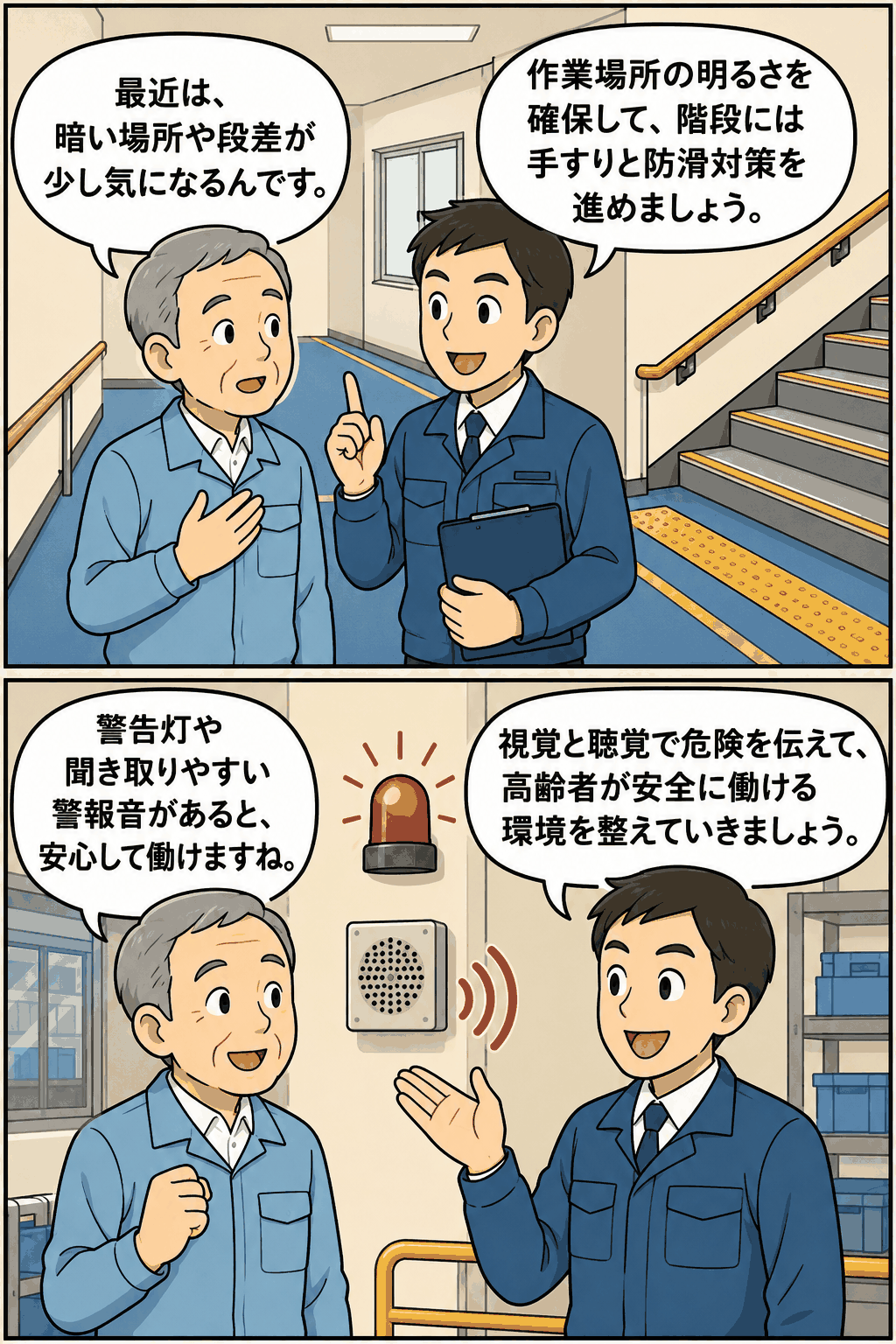 職場の照明改善と手すり・滑り止め設置を報告する作業員のイラスト