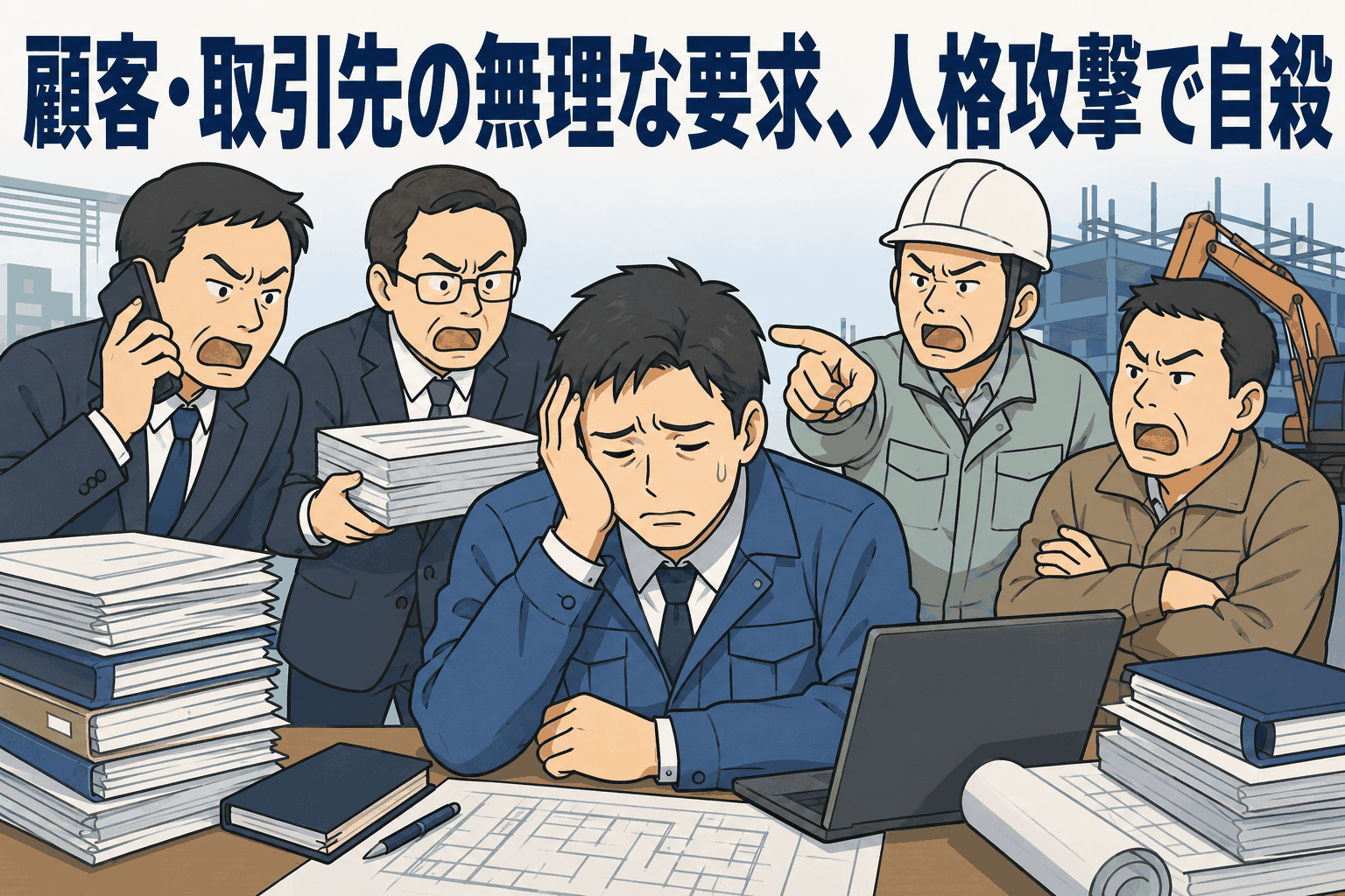 スーツ姿の男性が、カスハラに悩み、苦しんで頭を抱えて悩んでいる様子。2名の社員がカスハラで自殺後、労災認定されたもの。