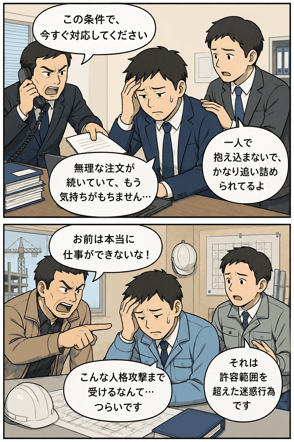 オフィスと建設現場で、上司や関係者から叱責されて悩む会社員のイラスト。カスタマーハラスメント（カスハラ）によるストレスを表現。