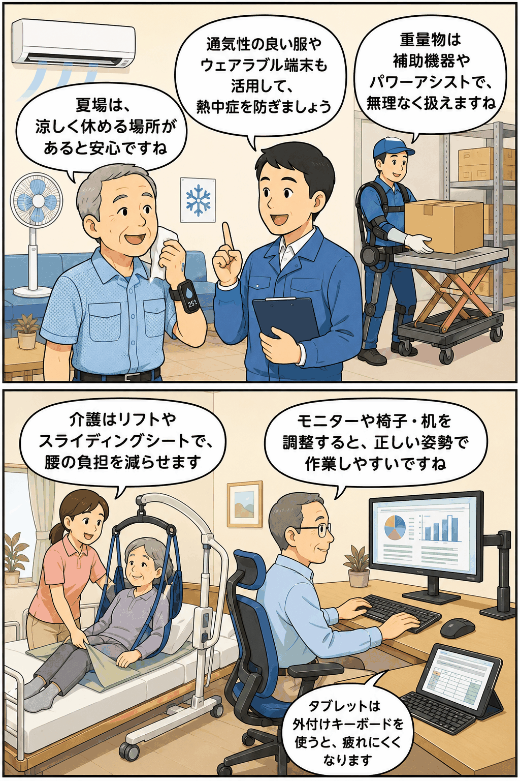 パワーアシストスーツで荷物を楽に持ち、涼しい休憩所でリラックスする高齢作業者のイラスト