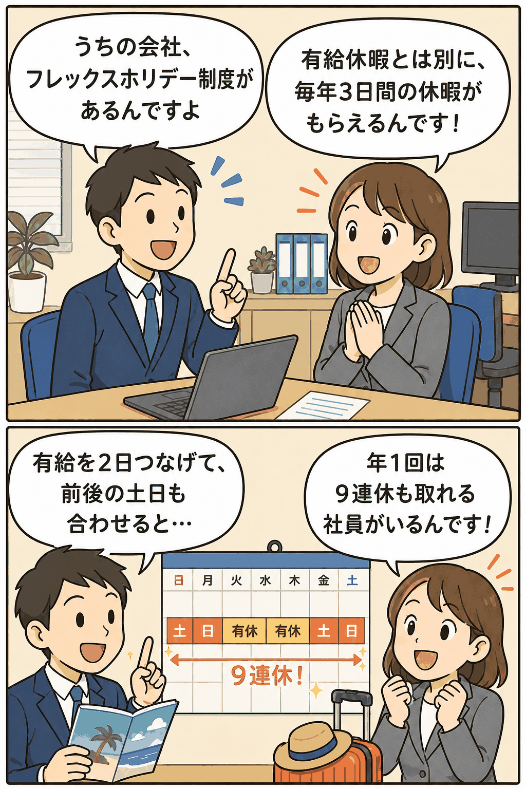 フレックスホリデー制度で9連休を取得する社員のイラストと計算式