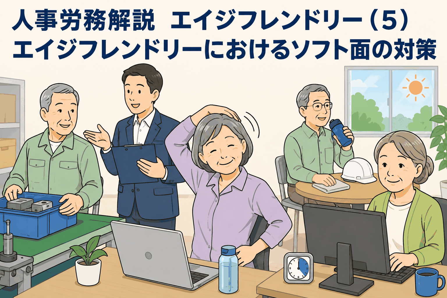 人事労務解説とエイジフレンドリーにおけるソフト面の対策を説明する男女のイラスト