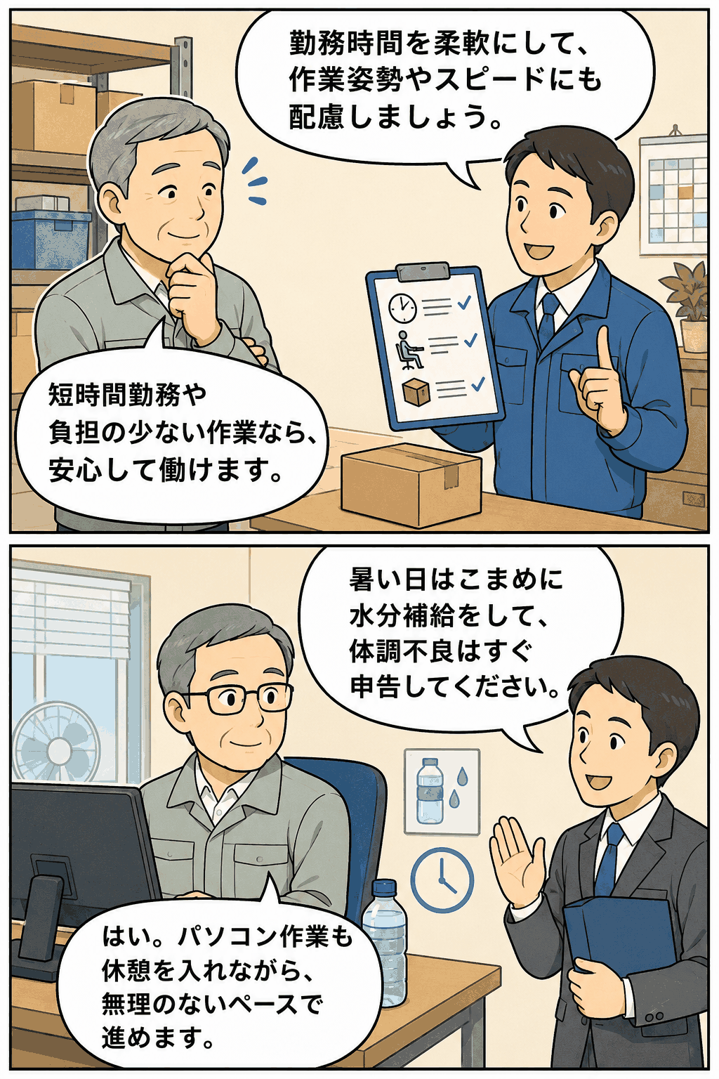 高齢労働者に対して短時間勤務や無理のない作業ペースを提案する職場のイラスト