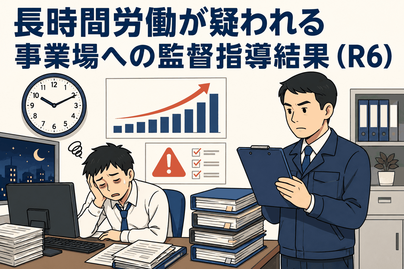 長時間労働が疑われる事業場への監督指導結果を報じるイラスト（令和6年、厚生労働省）