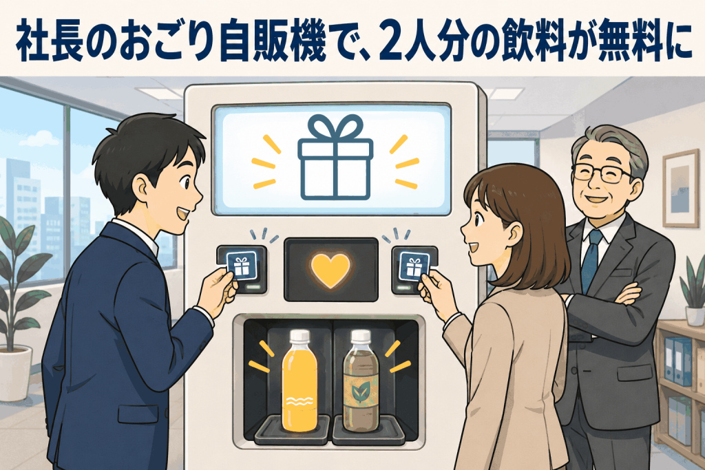 社長のおごり自販機で、2人分の飲料が無料に。