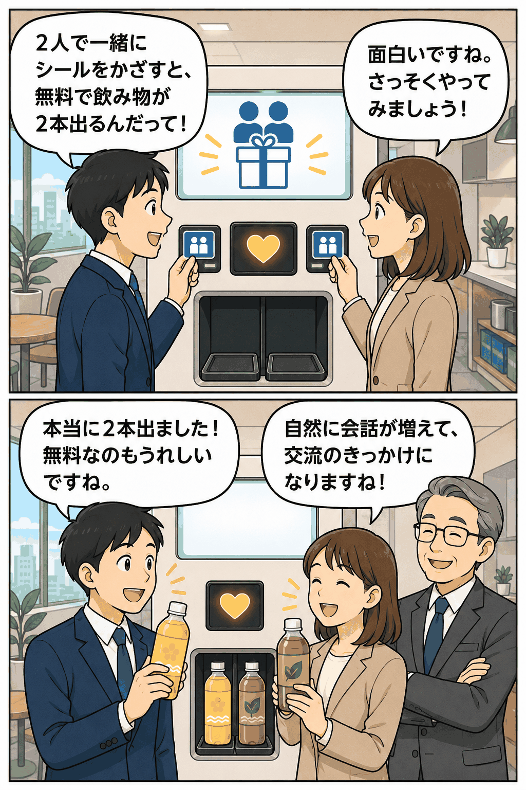 社長のおごり自販機を一緒に使う社員のイラスト。2人で使うと飲み物が2本無料で出てくる仕組みを紹介