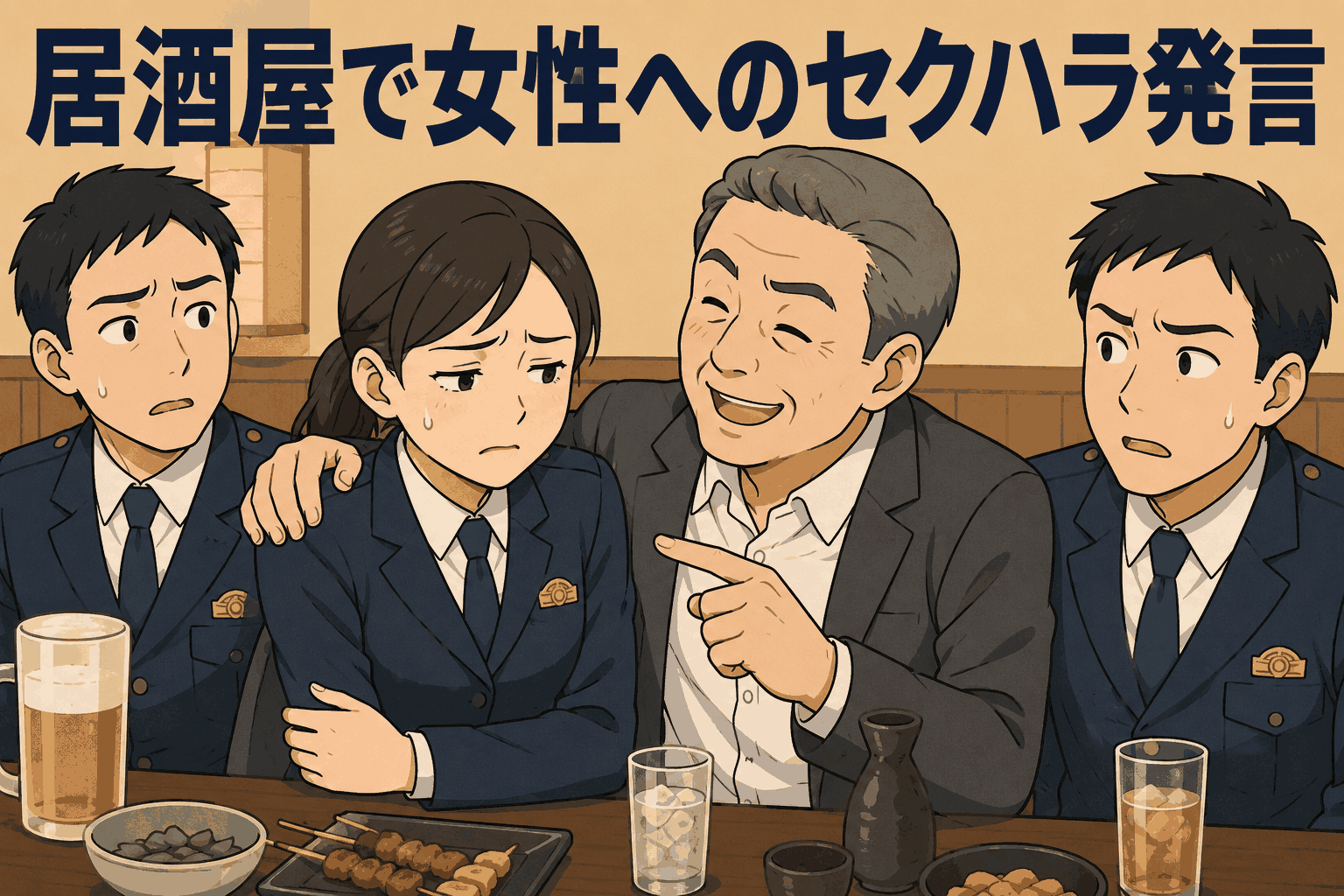 居酒屋で女性署員にセクハラ発言をする上司と困った表情の女性