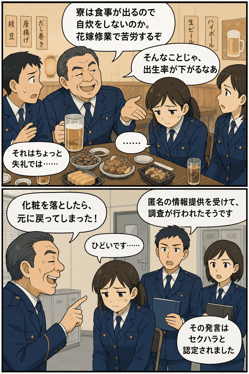 居酒屋で女性署員に対し「花嫁修業が足りない」などの発言をする上司と、不快感を示す女性署員のイラスト