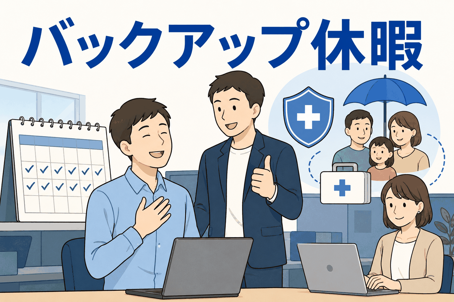 「バックアップ休暇」の文字が描かれたイラスト