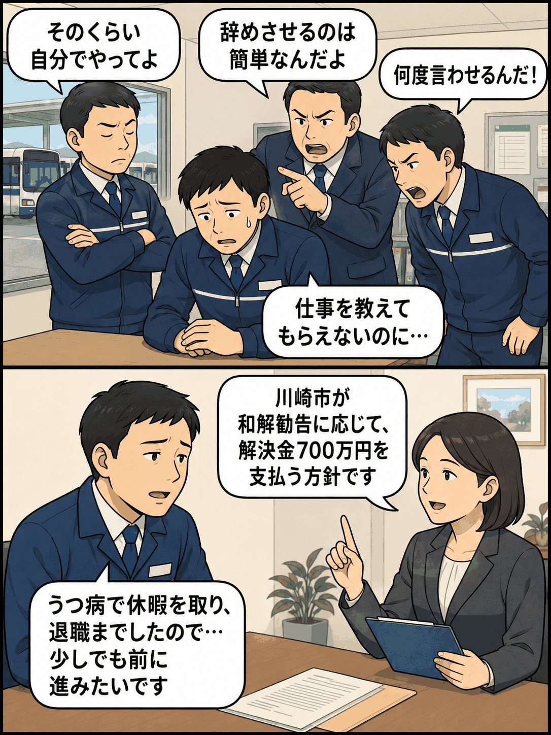 上司から威圧的な言葉を受け落ち込む男性社員のイラスト