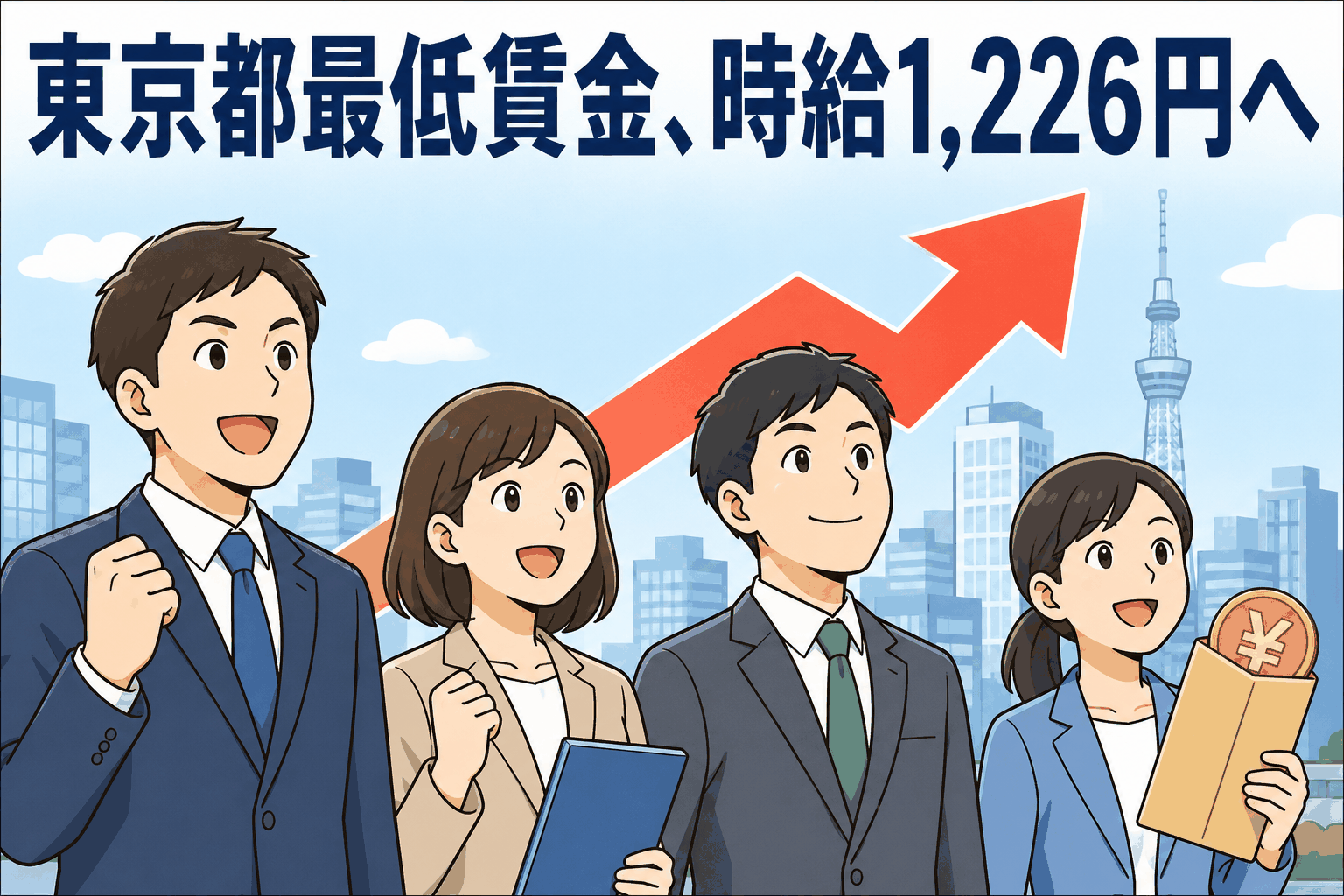 東京都の最低賃金が時給1,226円に引き上げられることを伝えるイラスト