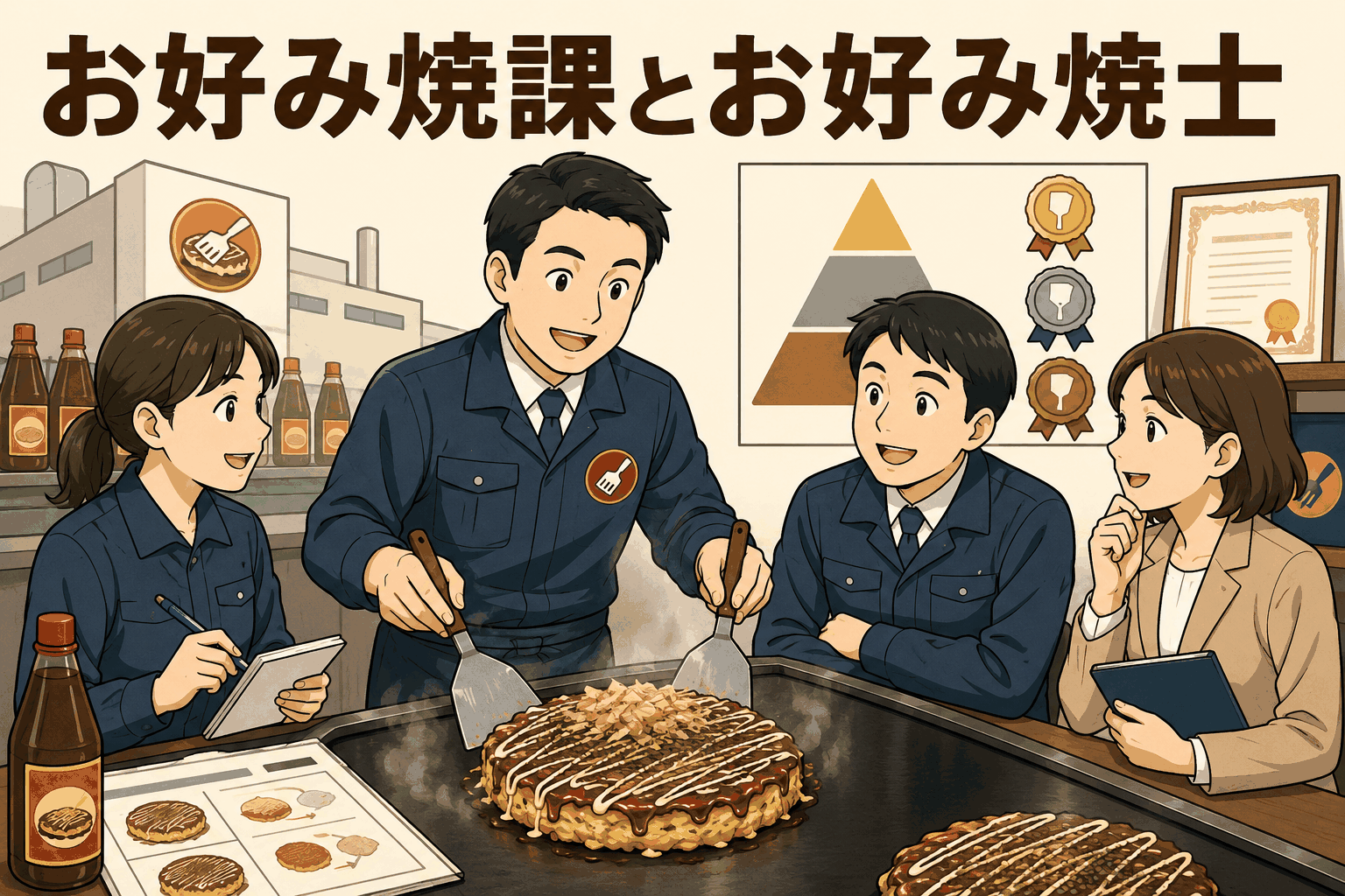 お好み焼きを持つ男女のスタッフと「お好み焼き課」「お好み焼士」の文字