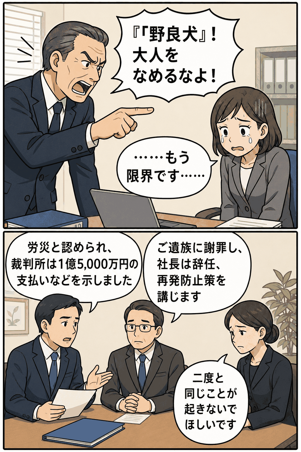 上司に「野良犬」と怒鳴られ涙を流す女性社員のイラスト
