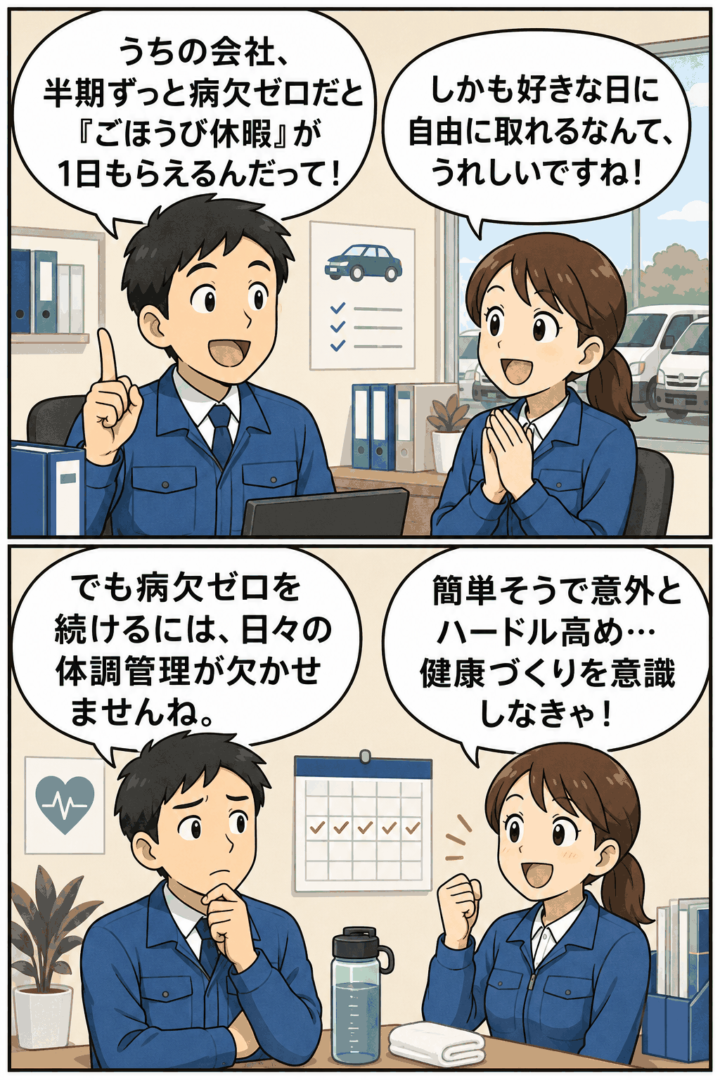 健康促進休暇を説明する社員のイラスト
