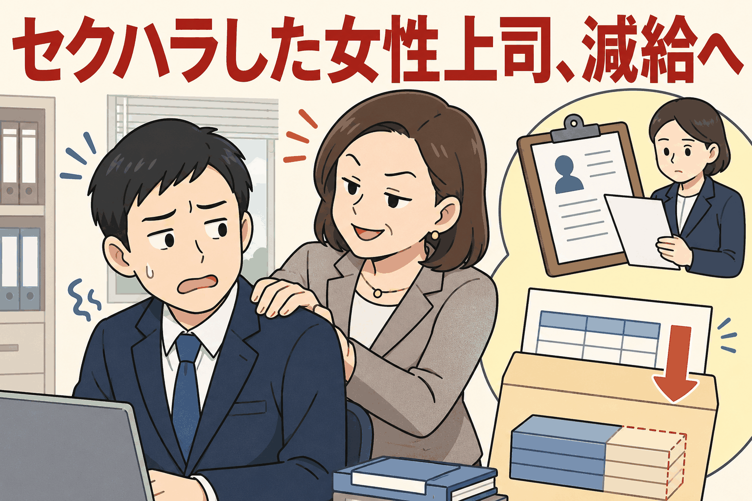 女性上司が男性部下にセクハラをして困らせているイラスト