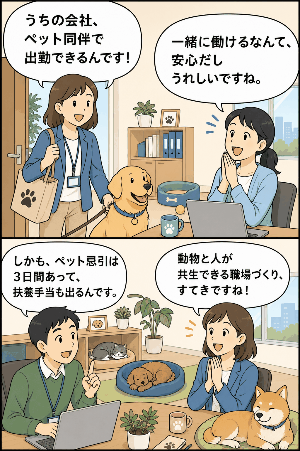 ペット同伴出勤やペット扶養手当について説明するビジネスマンと犬のイラスト