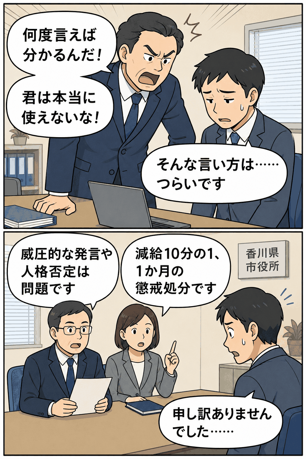 部下に『本当にダメだな!』と怒鳴る上司と、減給処分を受けるシーンのイラスト