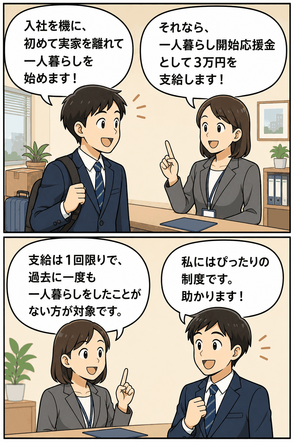 一人暮らし開始応援金として3万円を説明する社員のイラスト