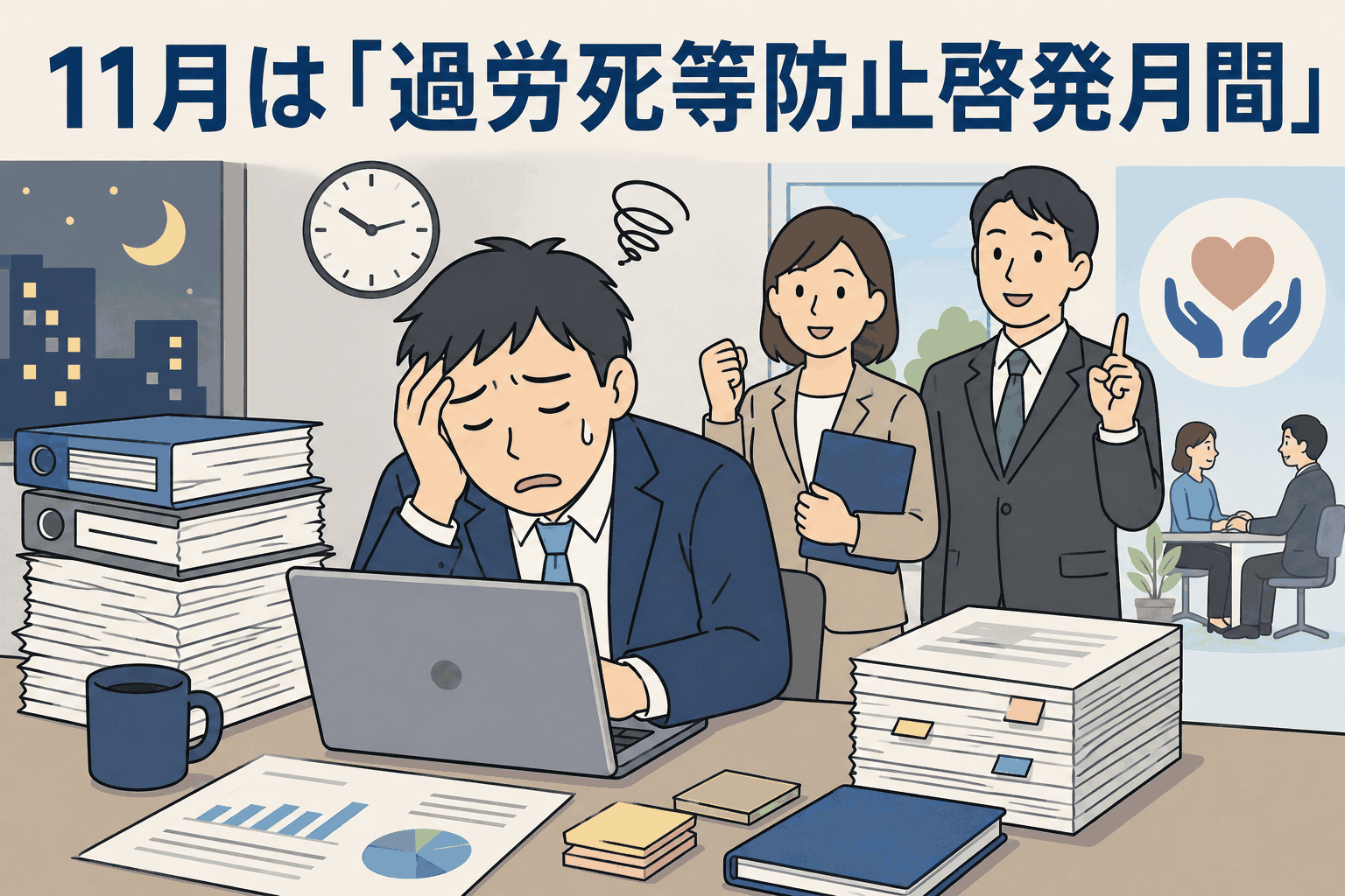 過労で疲弊したビジネスマンのイラストと「11月は過労死等防止啓発月間です」の文字