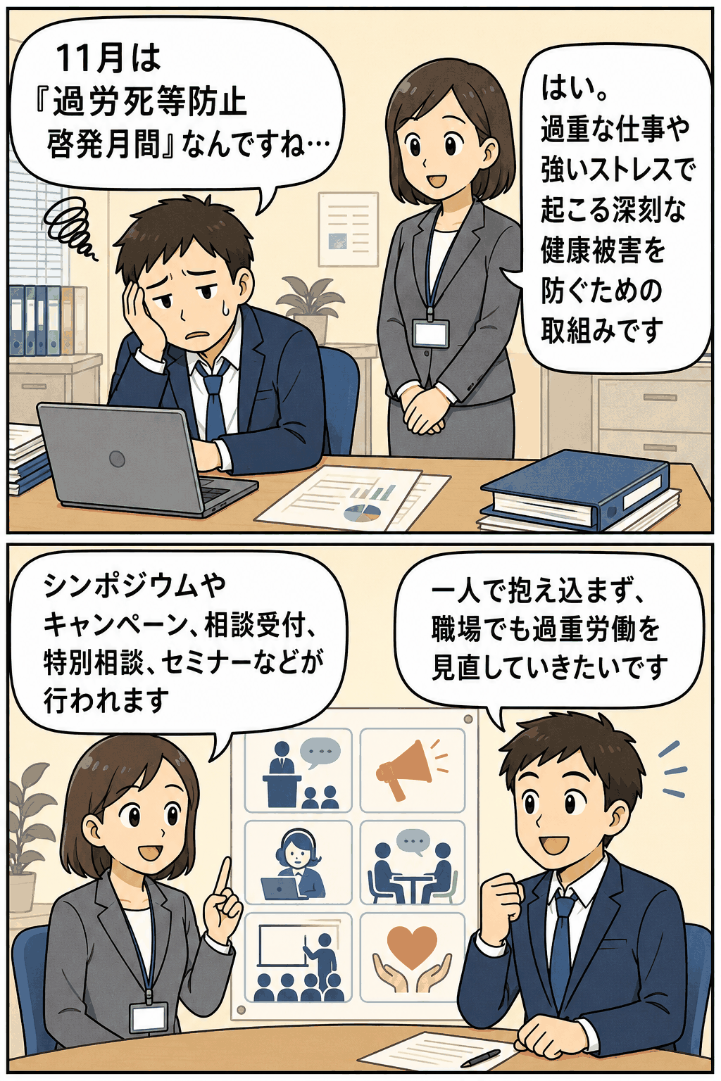仕事のストレスで頭痛を訴える男性と、脳や心臓の病気への影響を説明する女性のイラスト