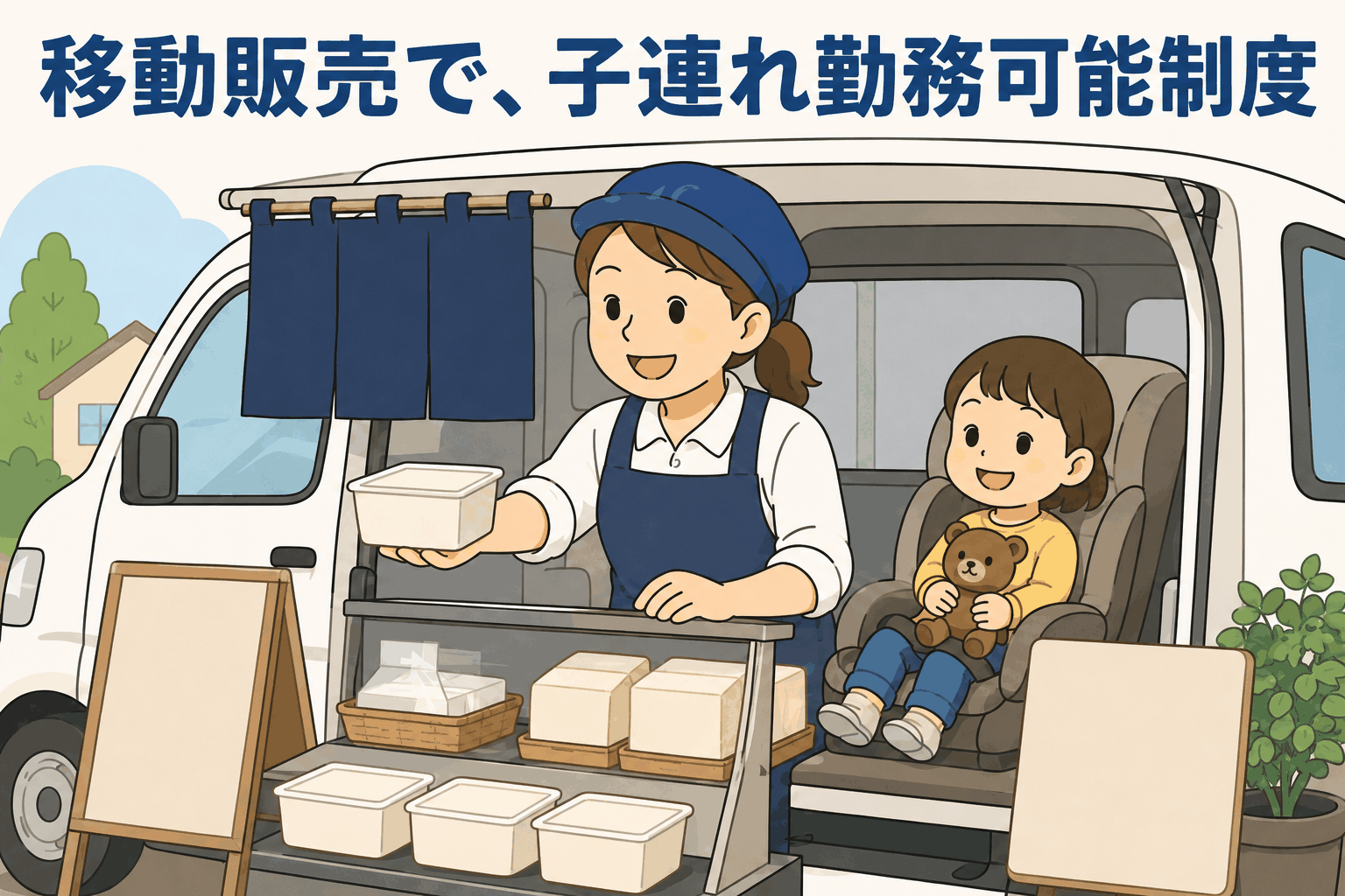 子どもを同乗させて豆腐の移動販売を行う女性スタッフのイラスト