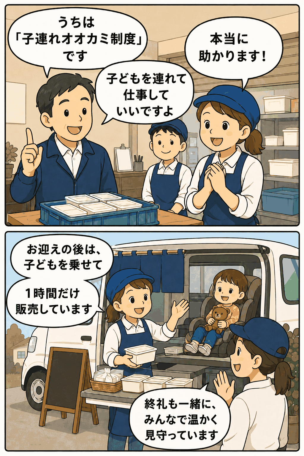 子どもを同乗させながら豆腐を販売する女性スタッフと、それを購入する男性のイラスト