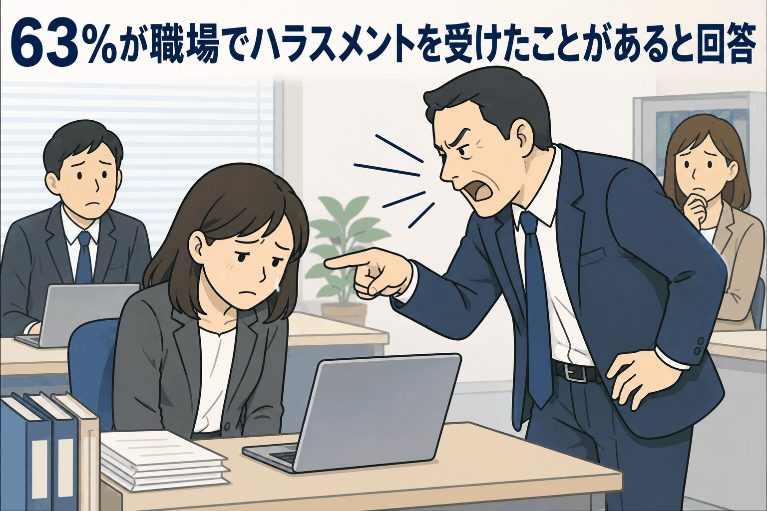 職場で上司に叱責されて困惑する女性と「63％が職場でハラスメントを受けたことがあると回答」と書かれたテキスト