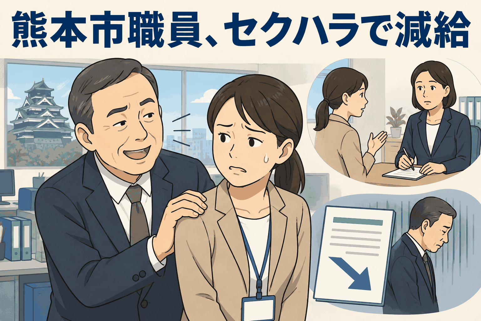 熊本市の男性職員がセクハラ行為をしているイラスト