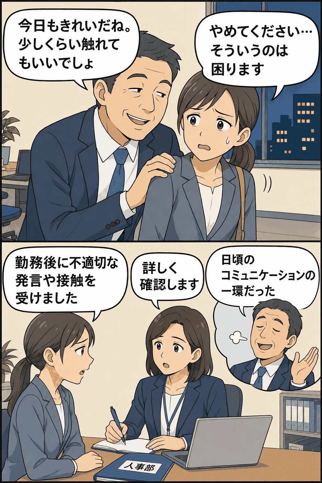 職場でセクハラ発言を受けた女性職員と、懲戒処分を受けた男性職員のイラスト