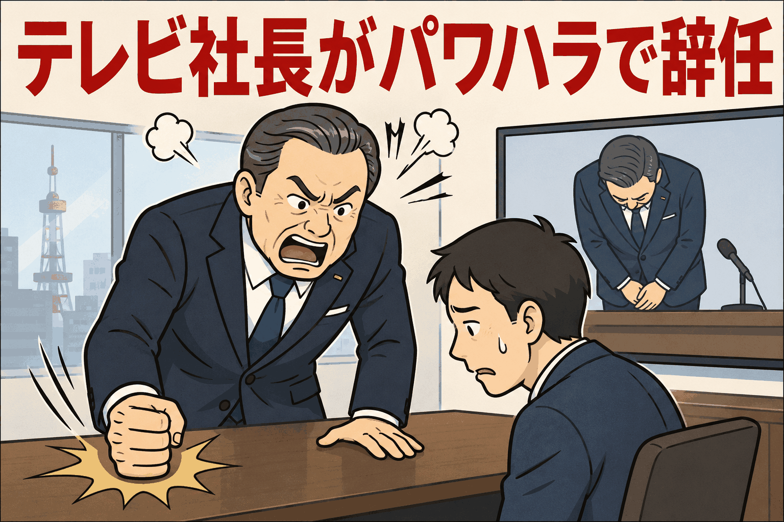 テレビ局社長がパワハラ問題で辞任、怒り顔の社長と社員のイラスト
