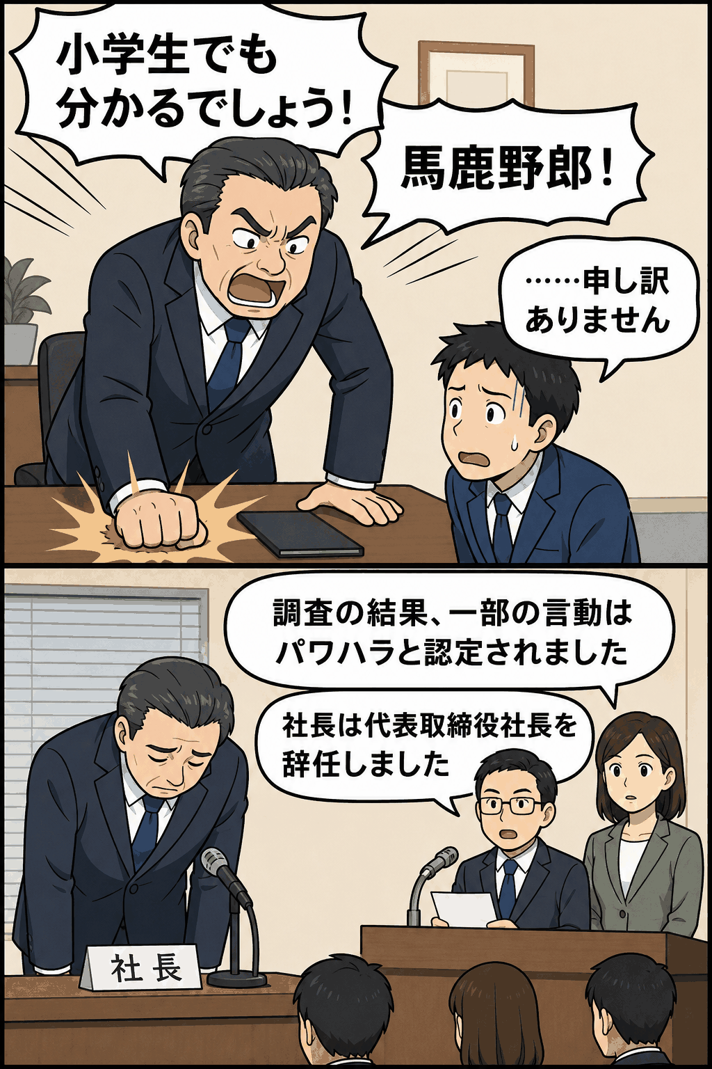 部下を怒鳴る社長と、パワハラの責任に悩む表情の同じ社長のイラスト