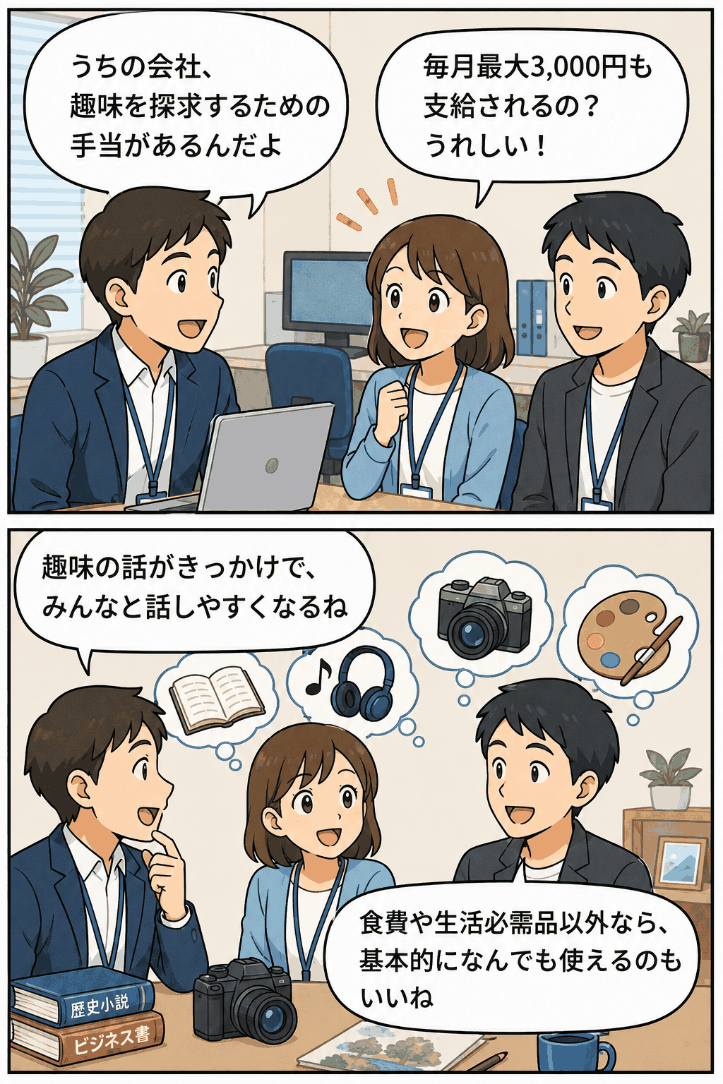 喜ぶ男女社員のイラスト。月3,000円の趣味手当について話すシーン。