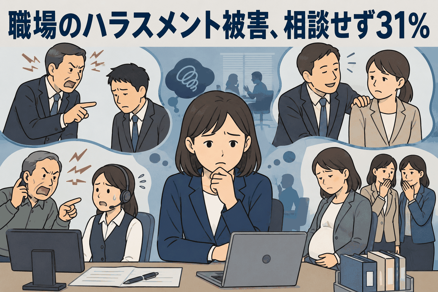 職場でハラスメントを受けた女性と怒鳴る上司、相談できずに悩む様子を表すイラスト