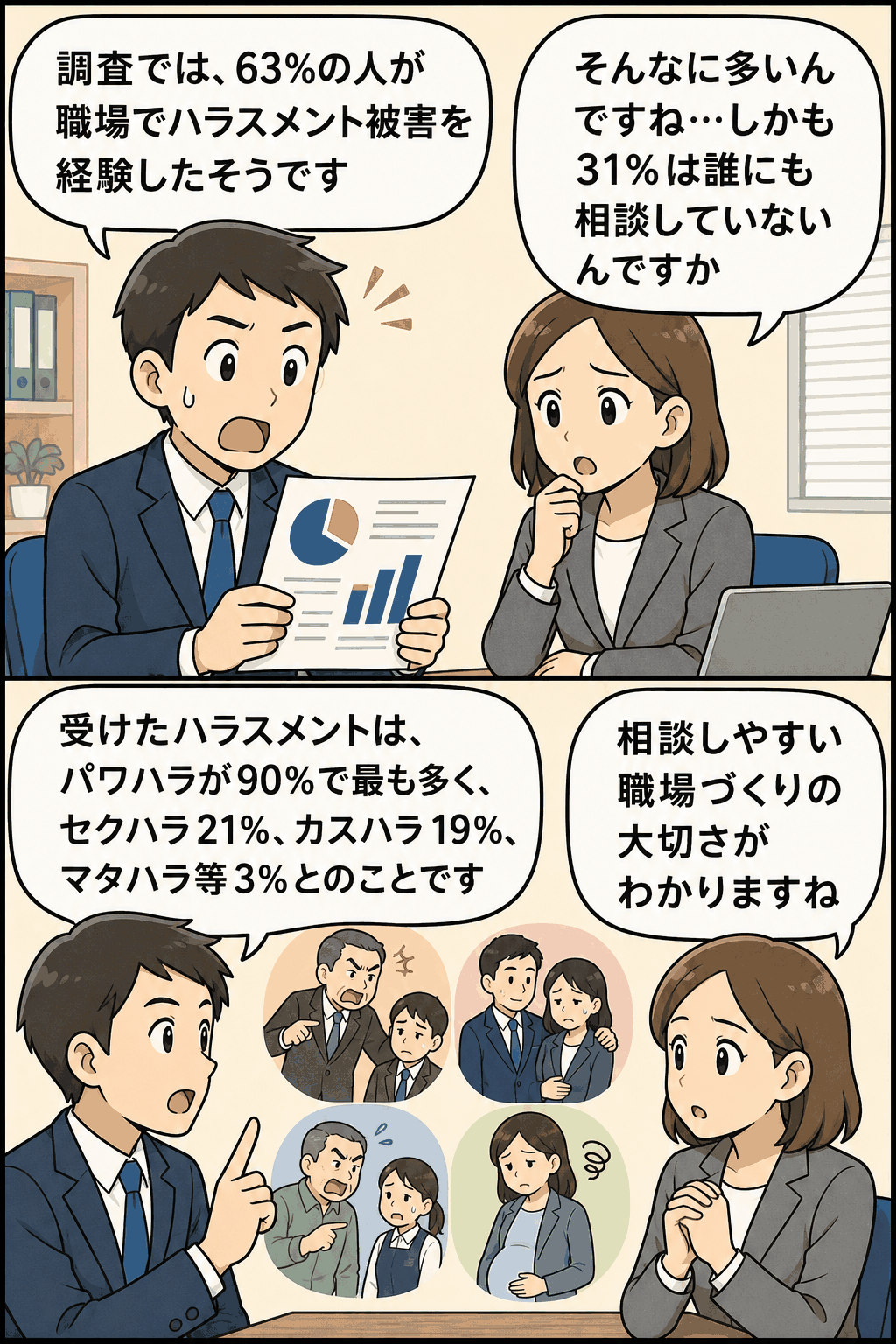 上司に叱責されて落ち込む男性社員と、誰にも相談できず悩む様子を描いたハラスメントに関するイラスト