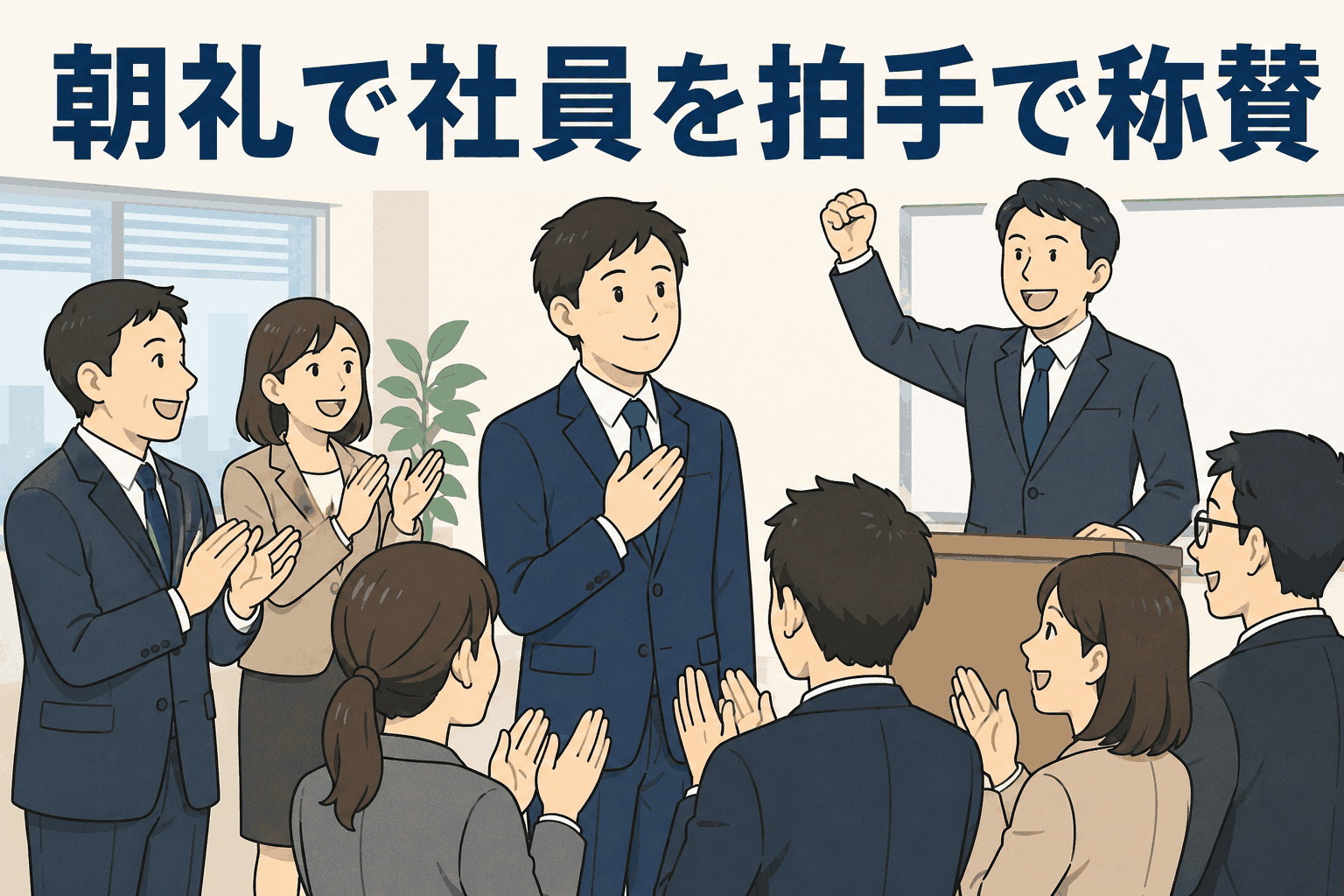 社員を朝礼で拍手し称える職場の様子を描いたイラスト