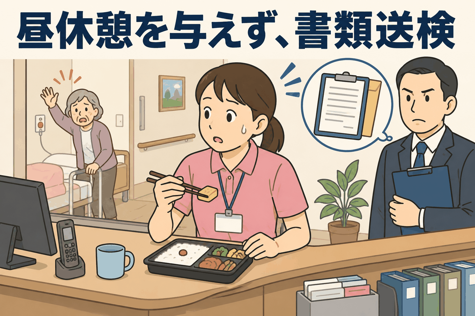 介護職員が昼食中に利用者から呼びかけられる様子を描いたイラスト。休憩時間の実態に関する労基法違反の疑い。
