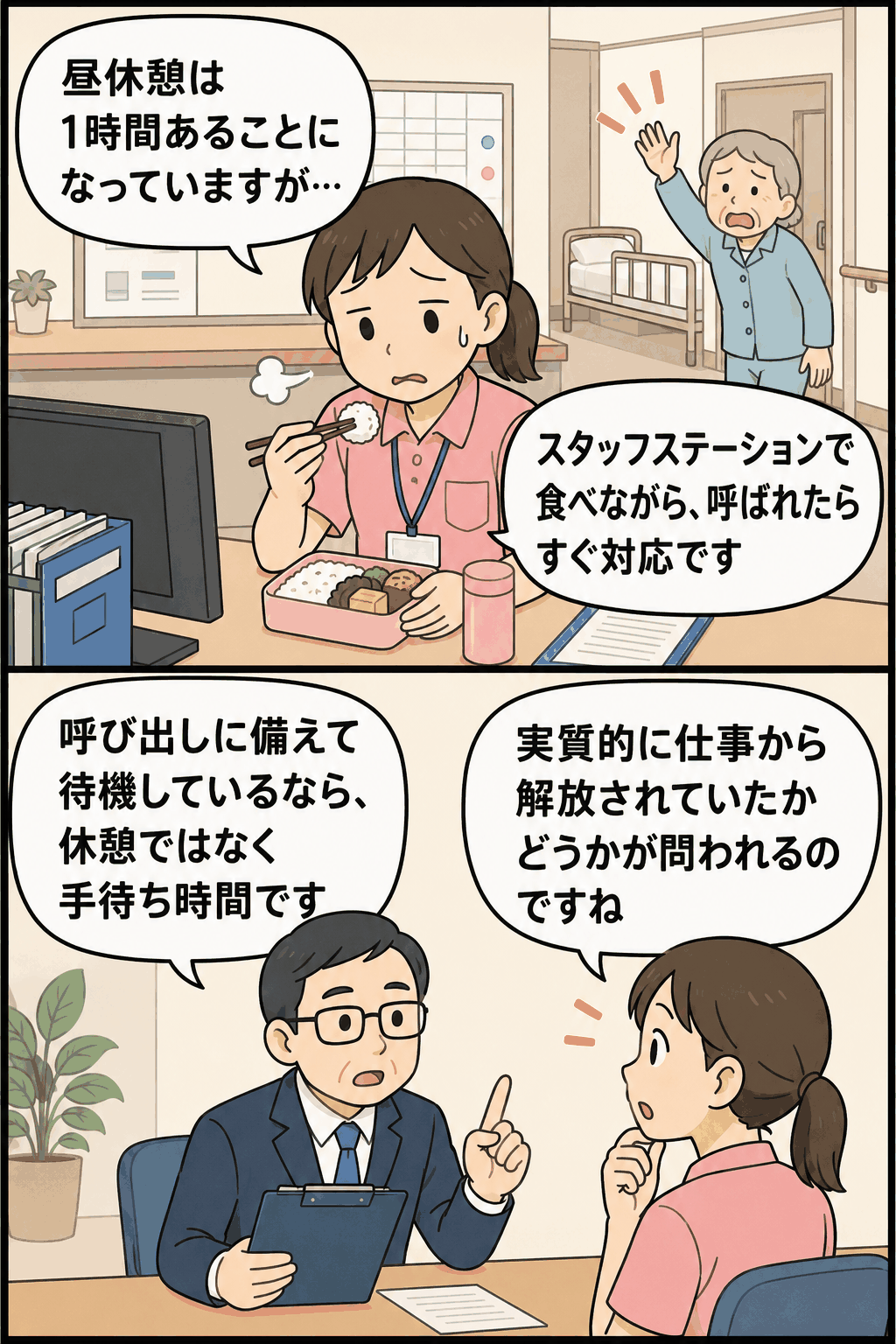 昼食中の介護職員が利用者からの呼びかけに応じて手伝いに向かう様子を描いた漫画。休憩時間が実質的に確保されていない問題を表現。