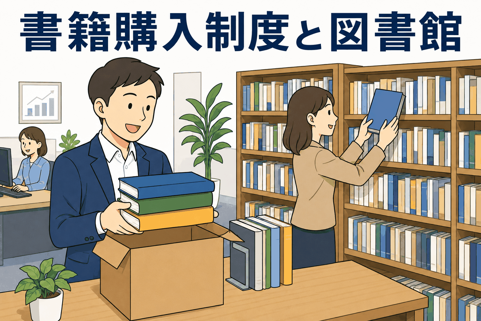 社内図書館で本を手に持つ社員と「書籍購入制度と社内図書館」の案内