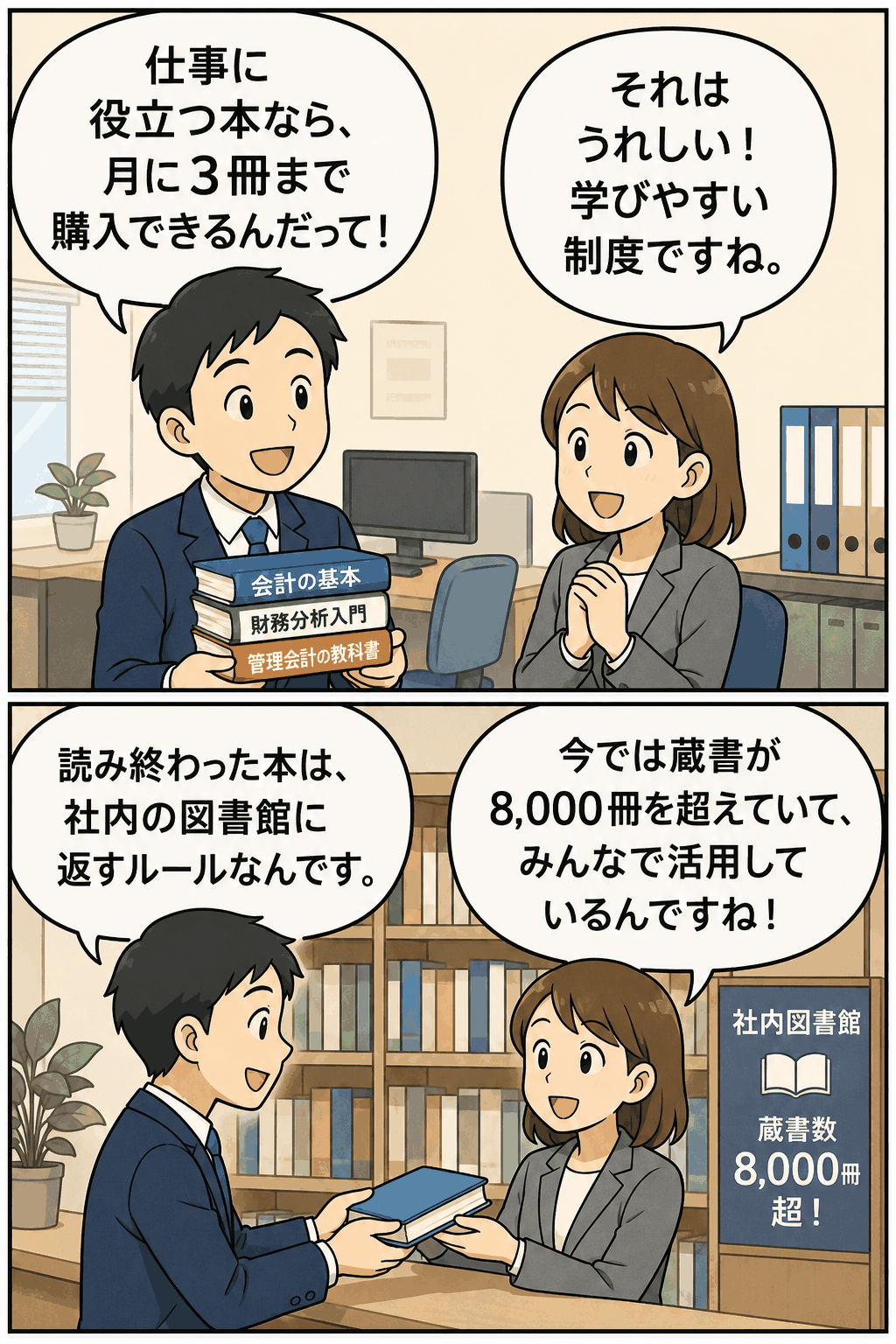 書籍購入制度について説明する社員たちのイラスト|月3冊まで購入可能で社内図書館に返却