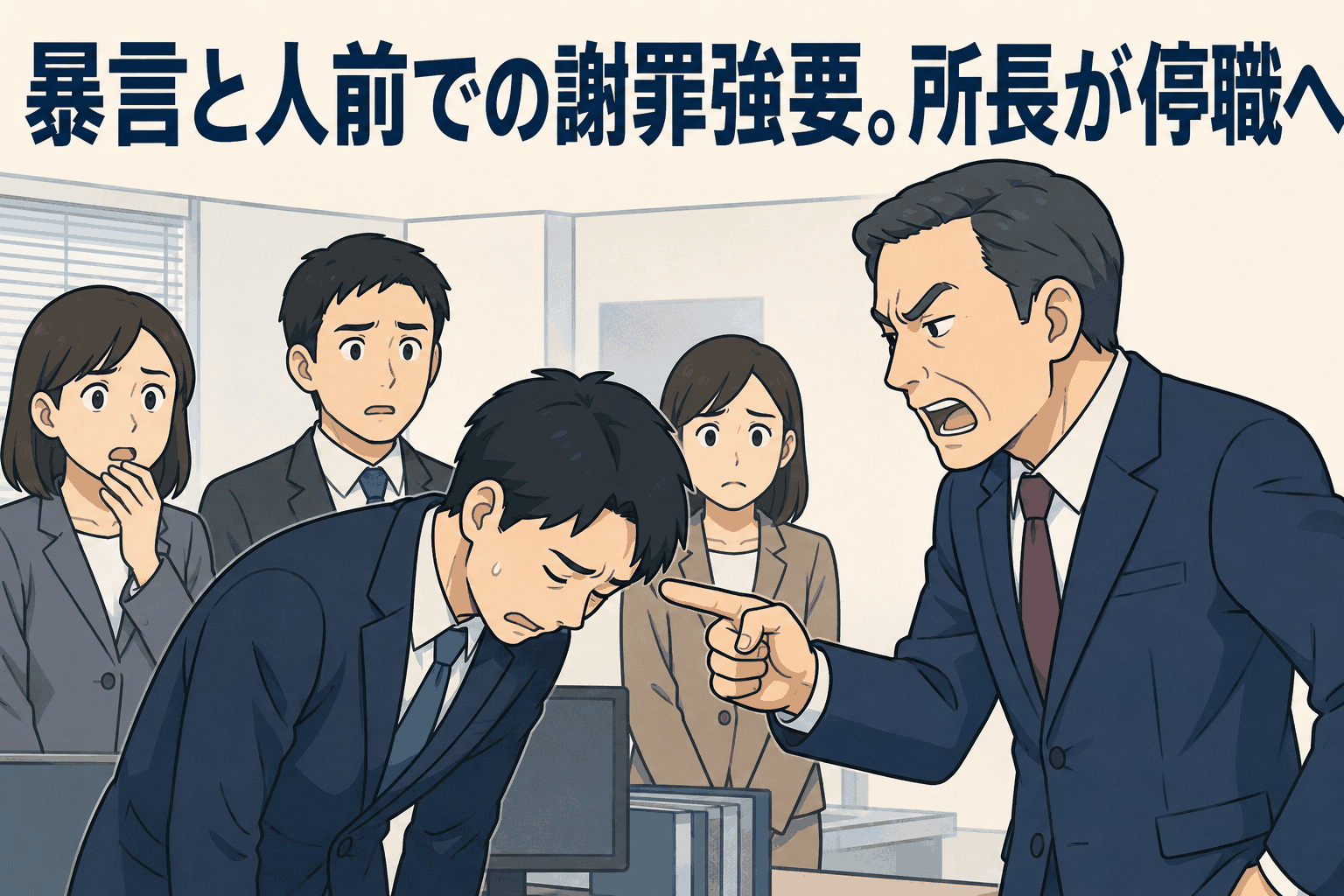 青森県の職場パワハラ事案を示すイラスト（上司が部下を大声で叱責し、謝罪を強要する様子／所長が停職3か月）
