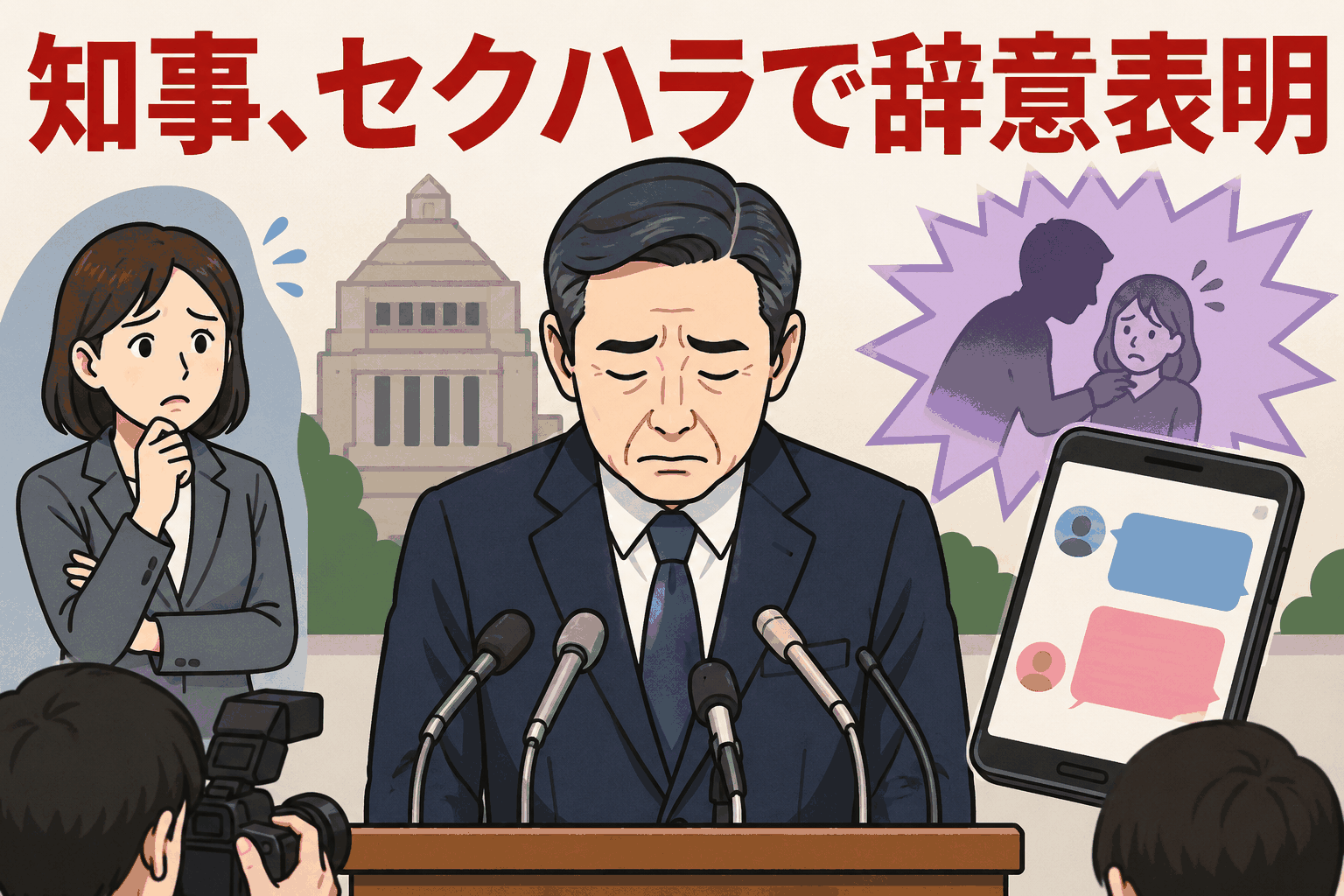 セクハラ問題で辞意を表明した知事のイラスト